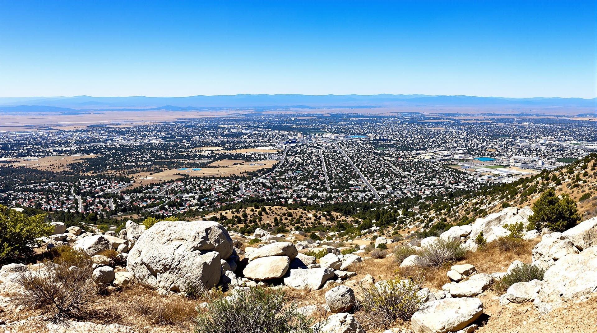 View from a rocky summit over the Riverside valley toward distant mountain ranges