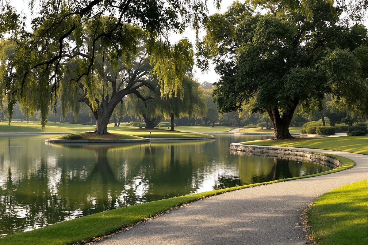 A historic lakeside city park with mature specimen trees and curving paths