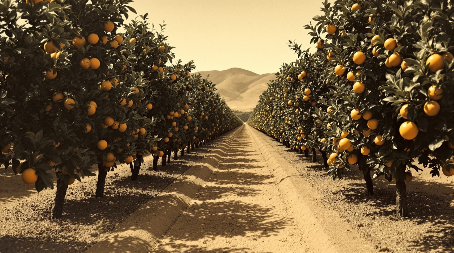 Rows of mature navel orange trees in a Southern California citrus grove