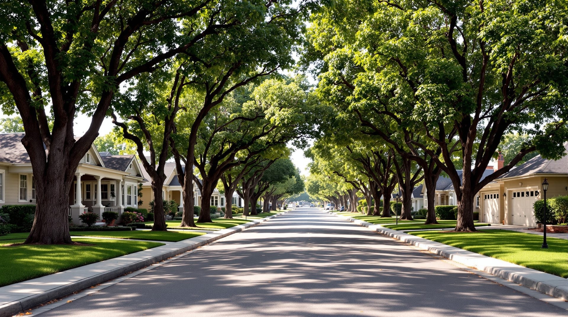 A shaded street of 1920s craftsman bungalows with deep lawns and mature canopy trees
