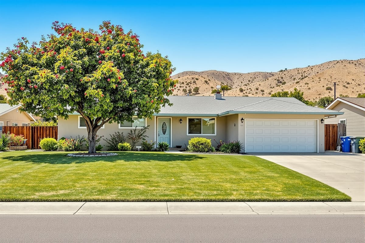 A 1960s single-storey ranch house with a wide flat lot and attached garage