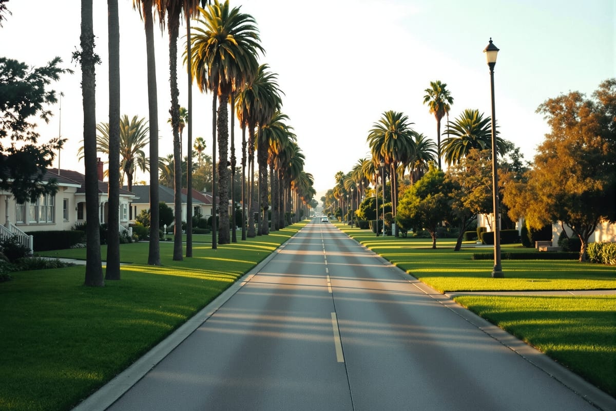 A wide divided historic parkway lined with mature palms and early twentieth century houses