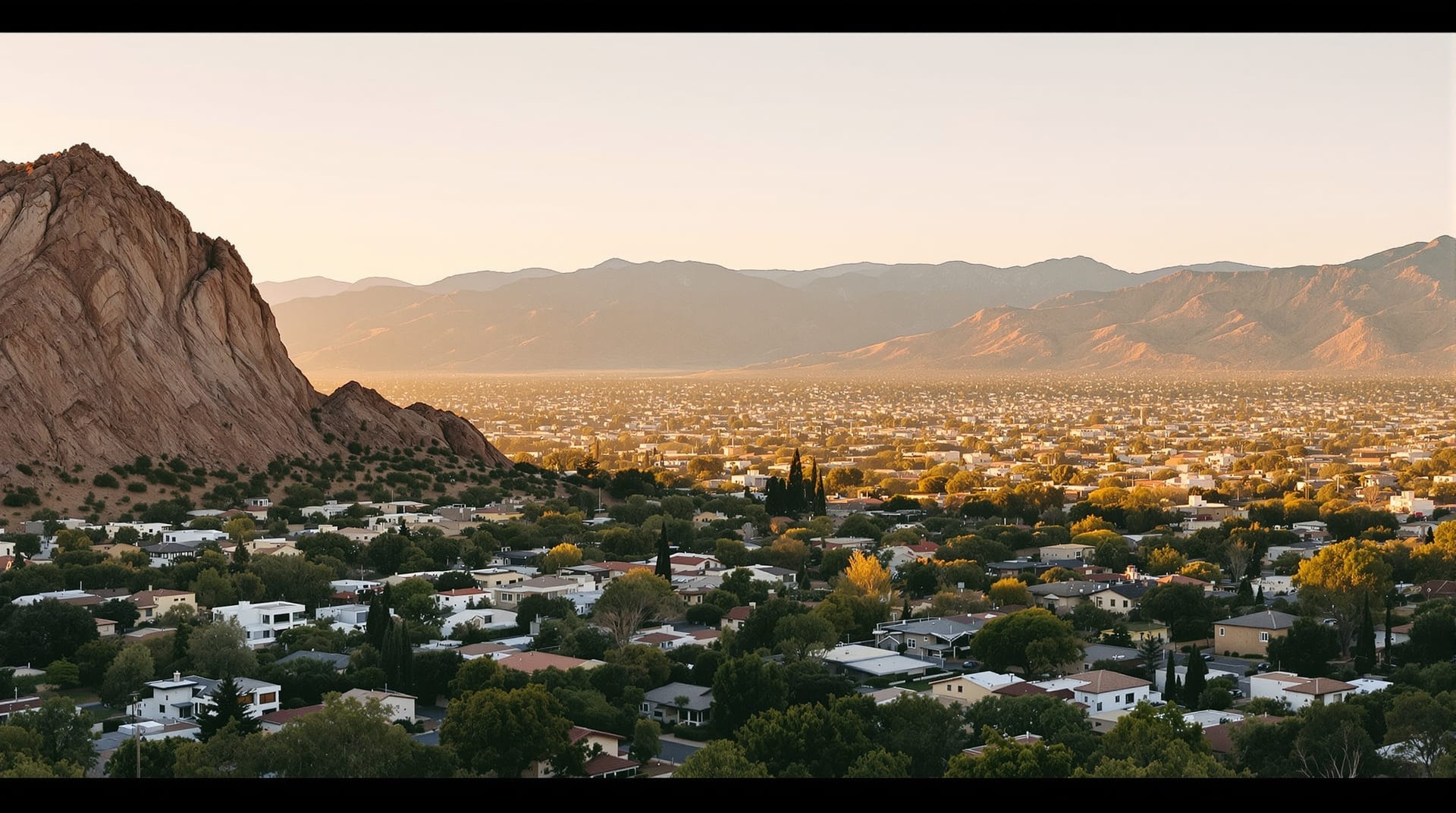 Riverside, California seen across the valley at golden hour with a rocky hill rising behind low-rise rooftops