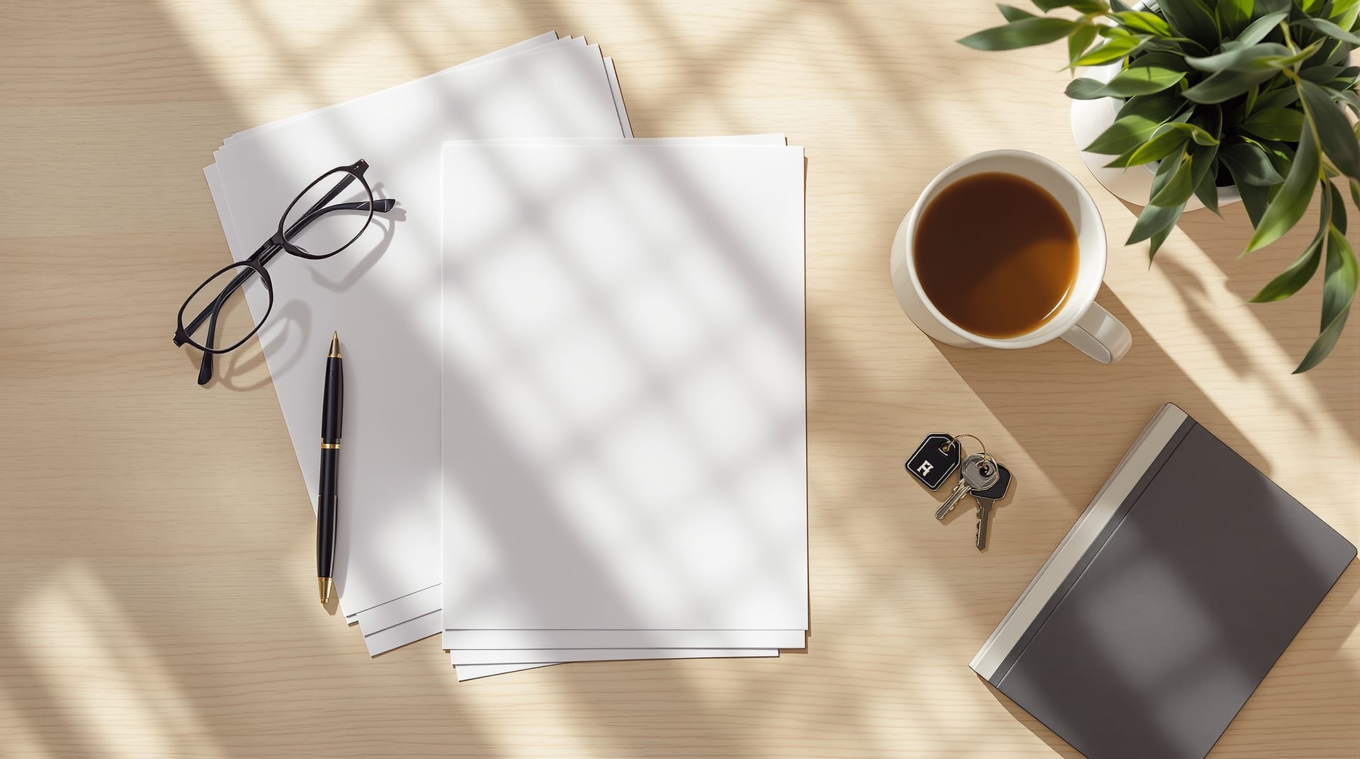 Loan paperwork, keys and coffee on a kitchen table in morning light