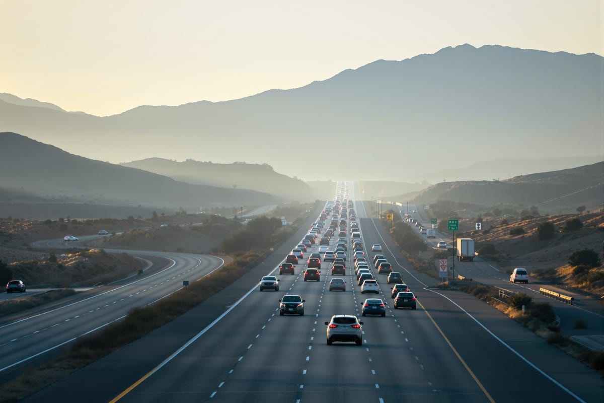 Westbound morning commuter traffic on a multi-lane freeway between dry inland hills