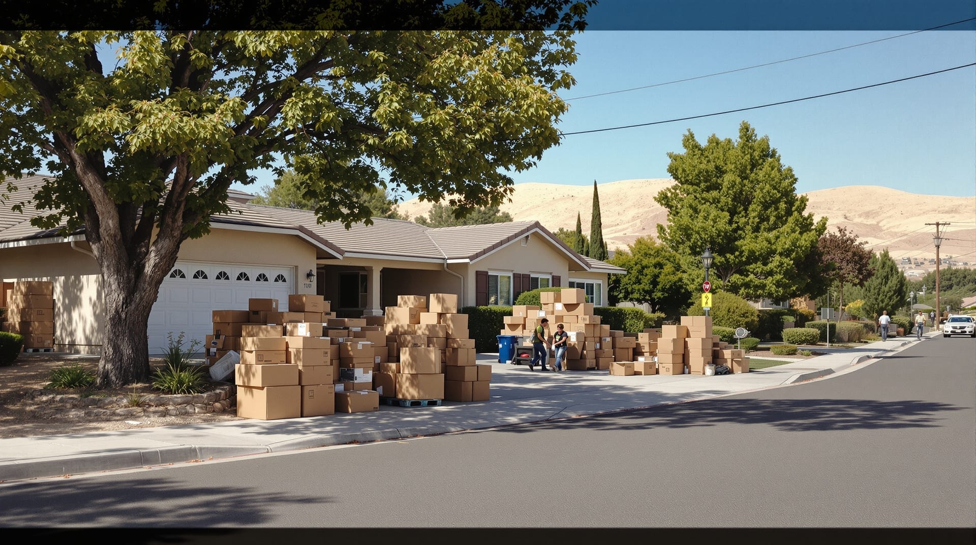 Moving boxes on the driveway of a single-storey ranch house on a wide inland Southern California street