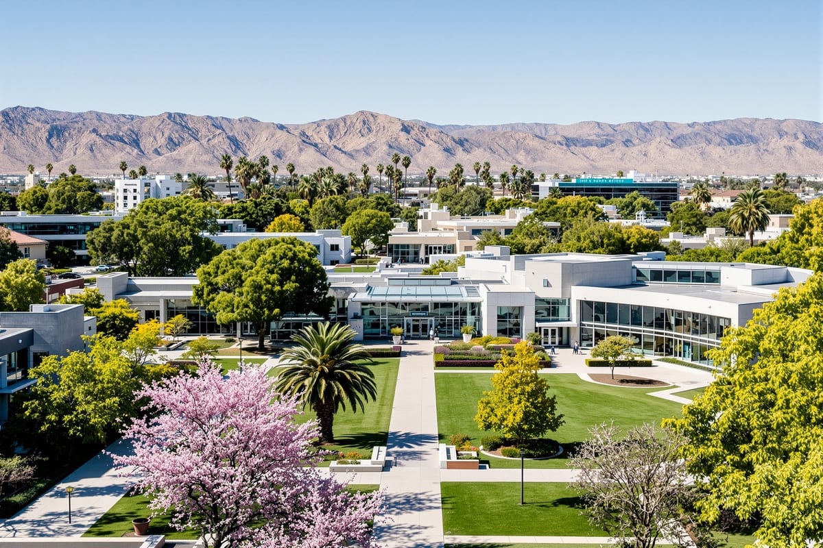 A public university campus quadrangle with a dry mountain ridge beyond