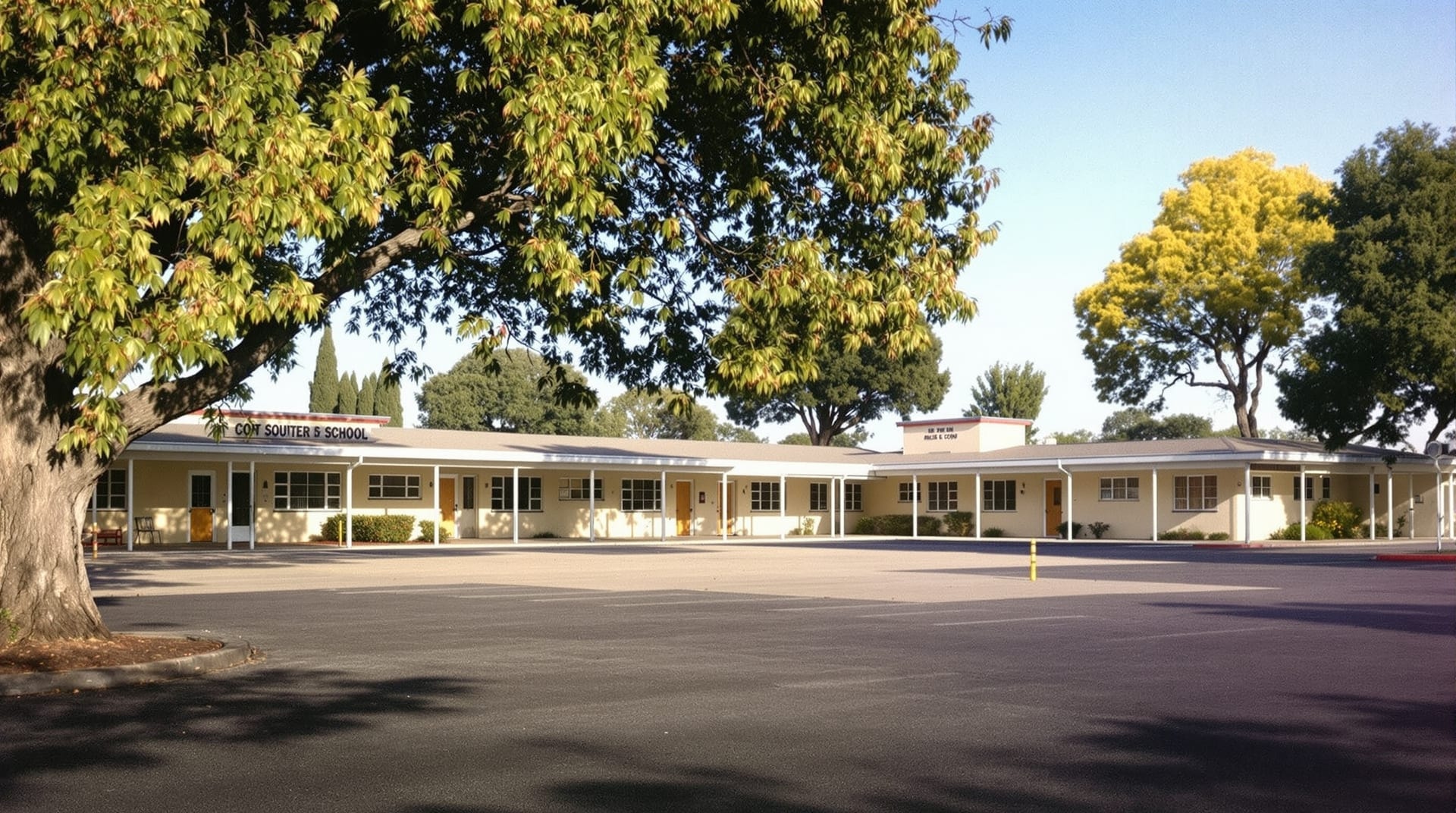 A mid-century Southern California school campus with covered walkways and shade trees
