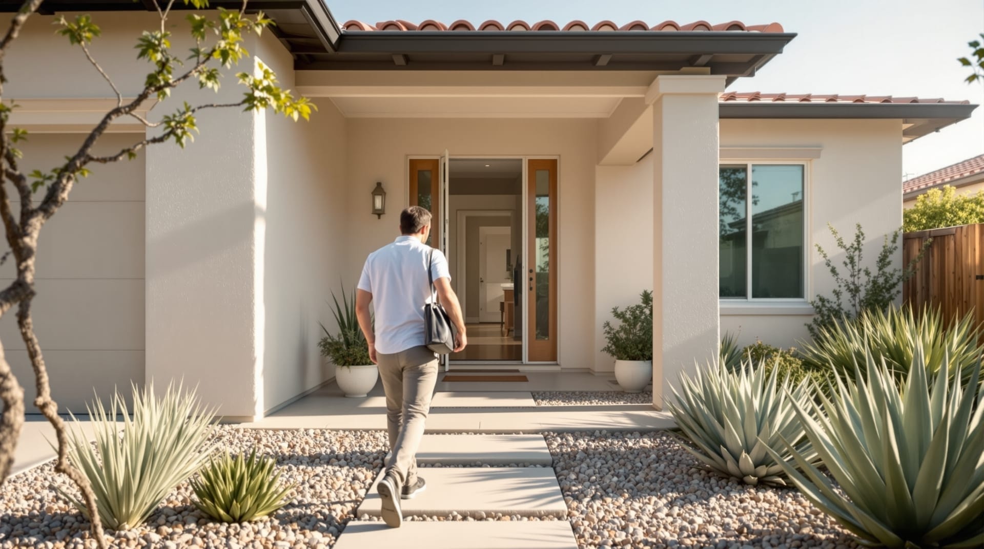Approaching the front entrance of a Southern California home with a drought-tolerant front garden