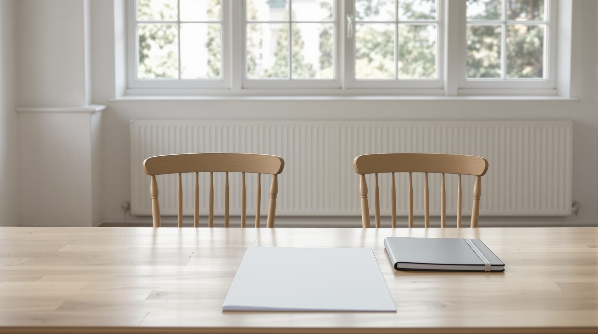 A table set for a conversation in a bright empty room
