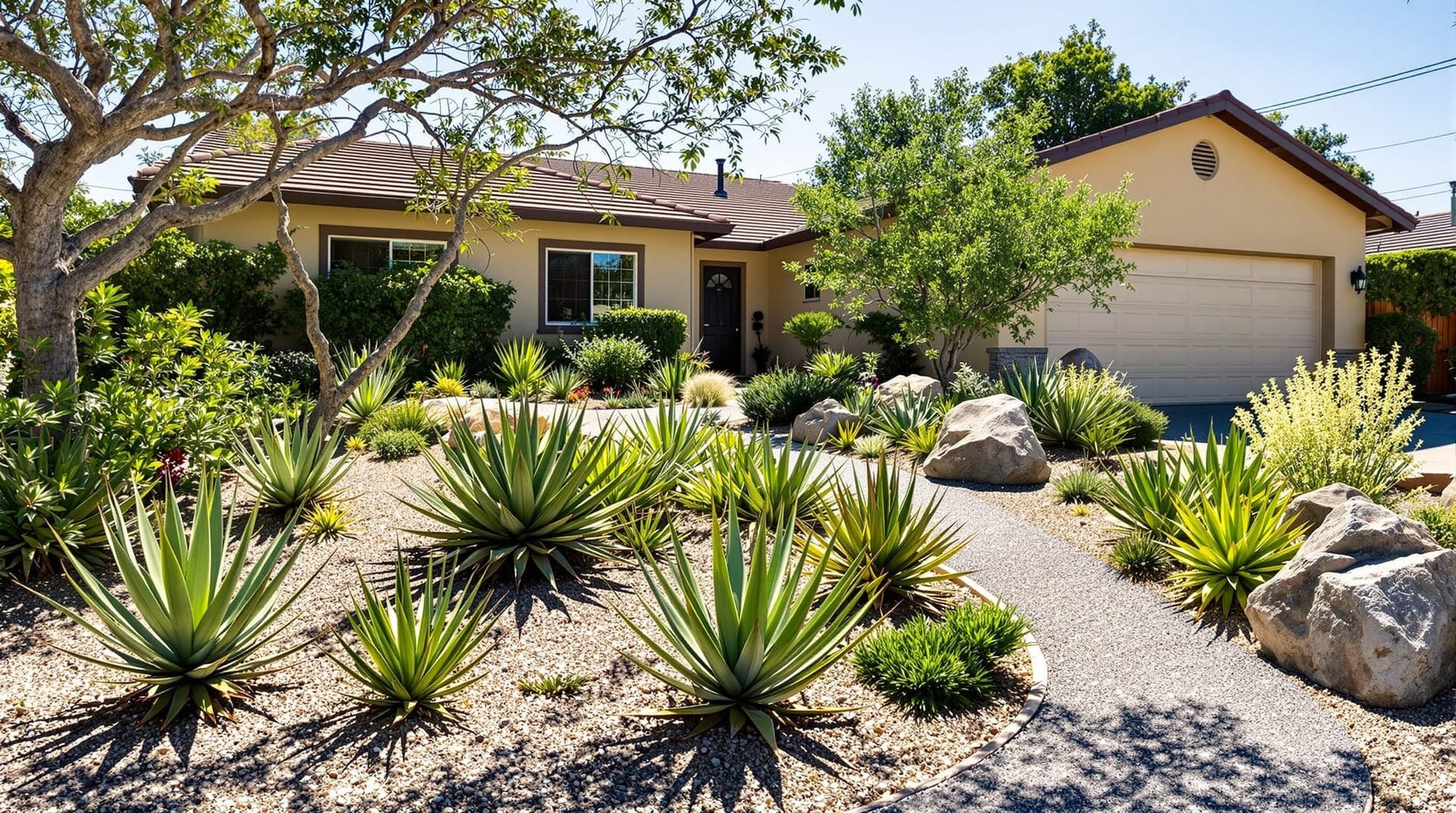 A drought-tolerant front garden with native planting and drip irrigation