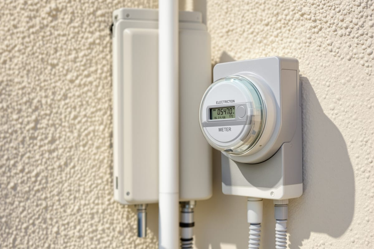 A residential electricity meter and service panel on a stucco wall