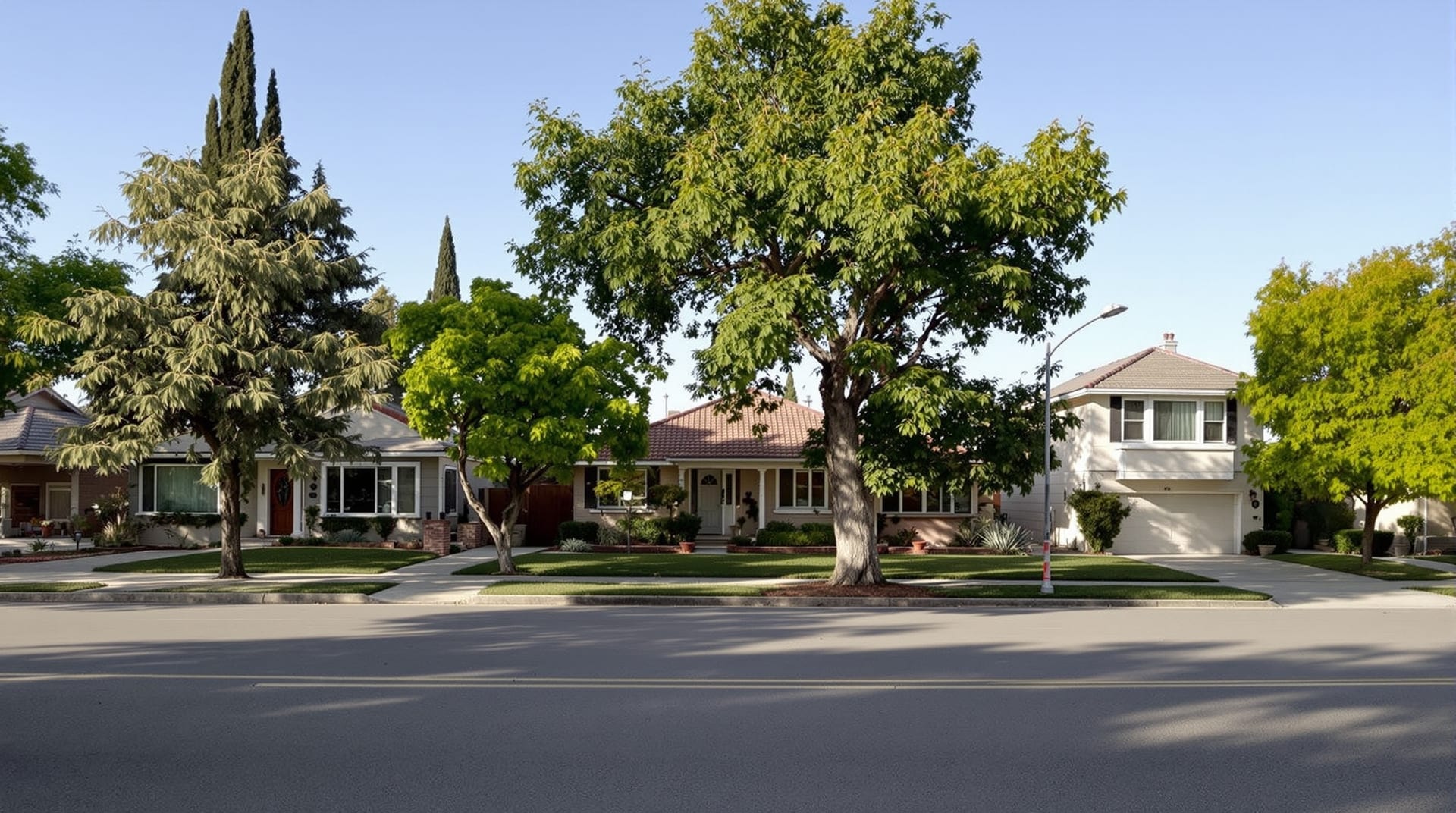 Neighbouring Riverside houses from three different construction eras on one street