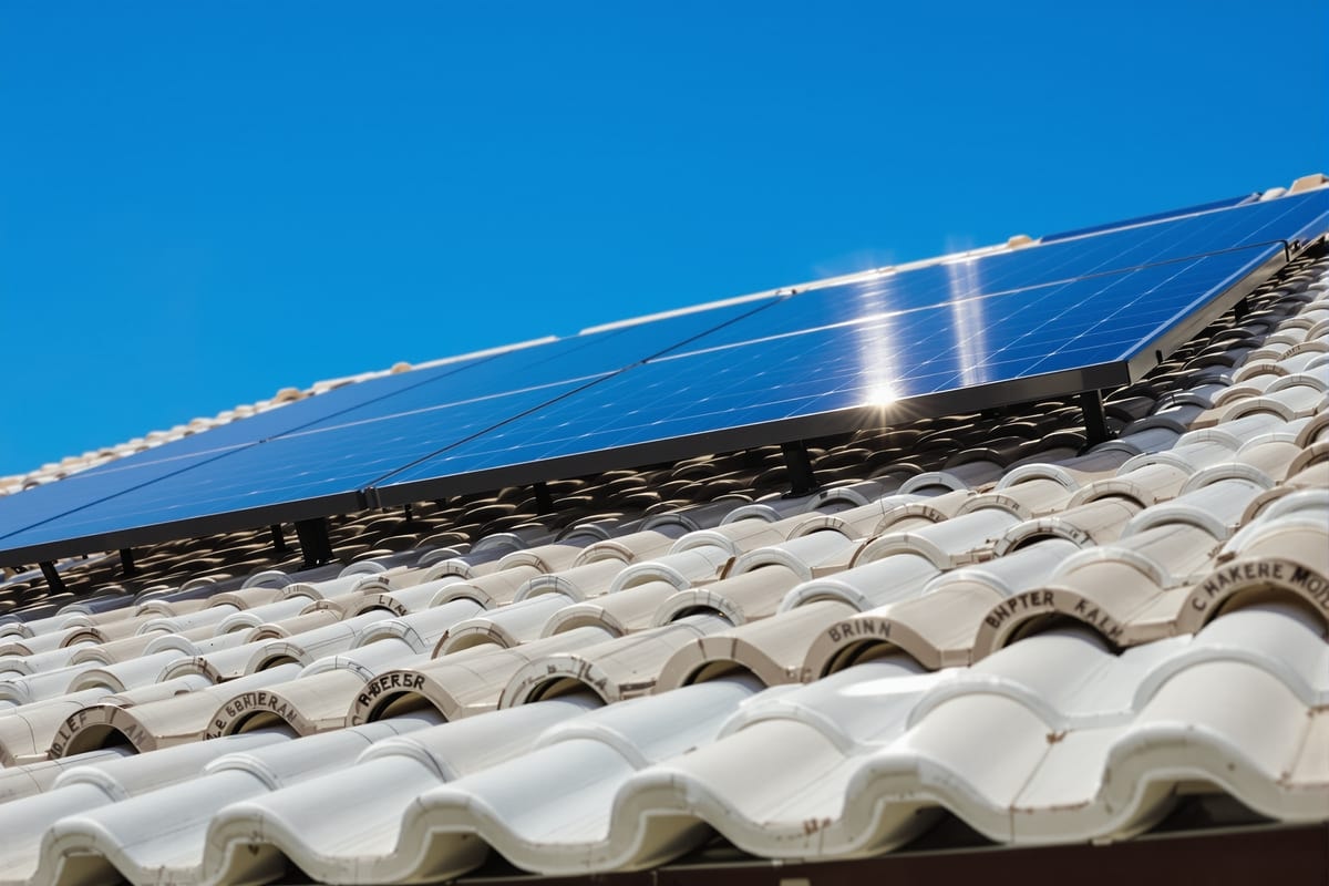 A cool-roof tile surface and rooftop solar panels on a Southern California house